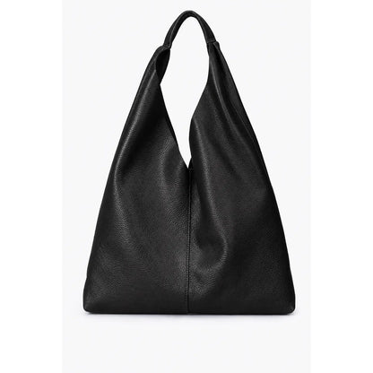Sac shopper en cuir grainé noir, à la forme souple et avec anse intégrée, vu de face