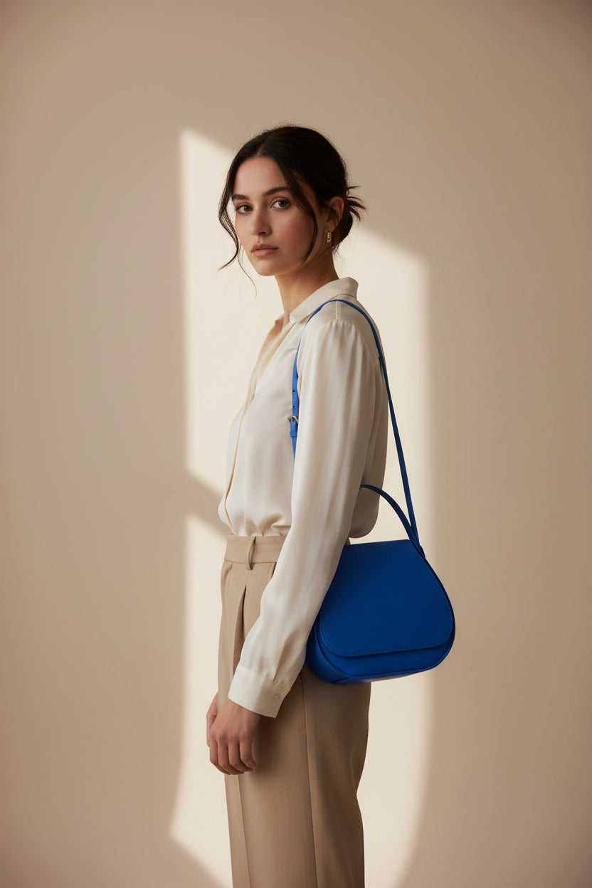 Sac Teja bleu porté à l'épaule – cuir artisanal fait main – Bmassy