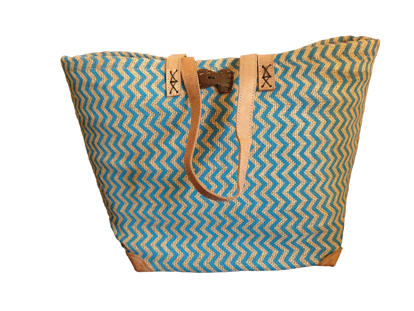 Sac Cabas Raphia Naturel Chevron Bleu Turquoise