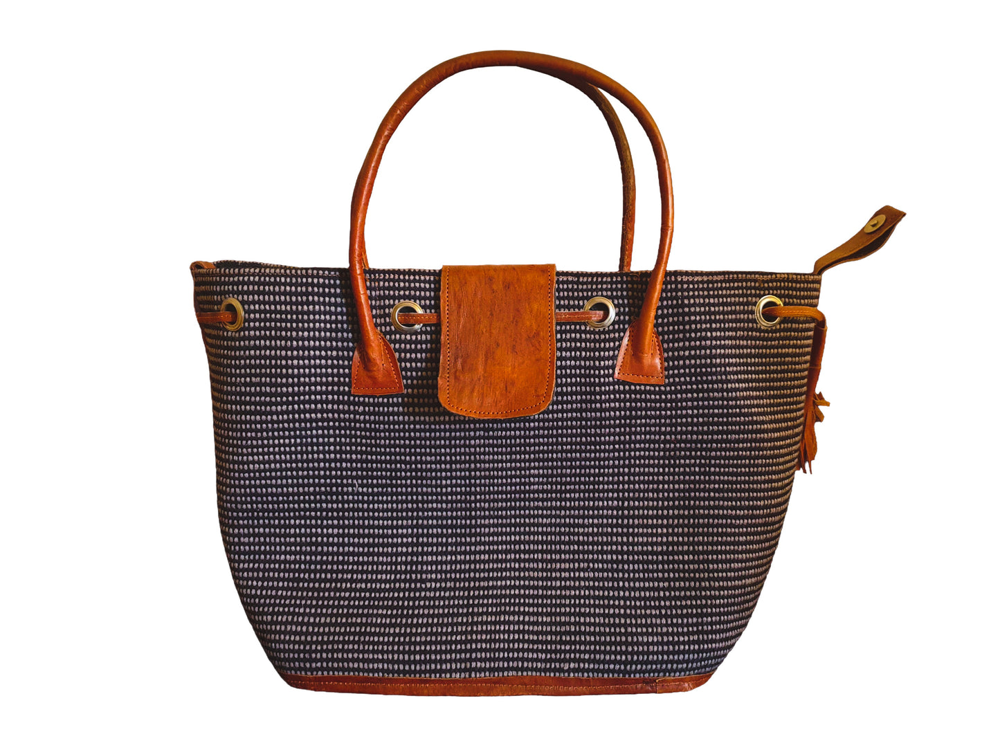 Sac Cabas Raphia Naturel Marron Motif Pointillé