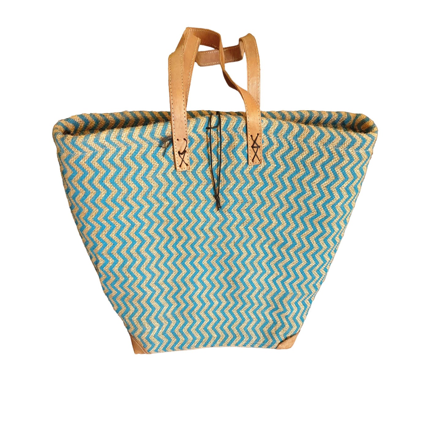 Sac Cabas Raphia Naturel Chevron Bleu Turquoise