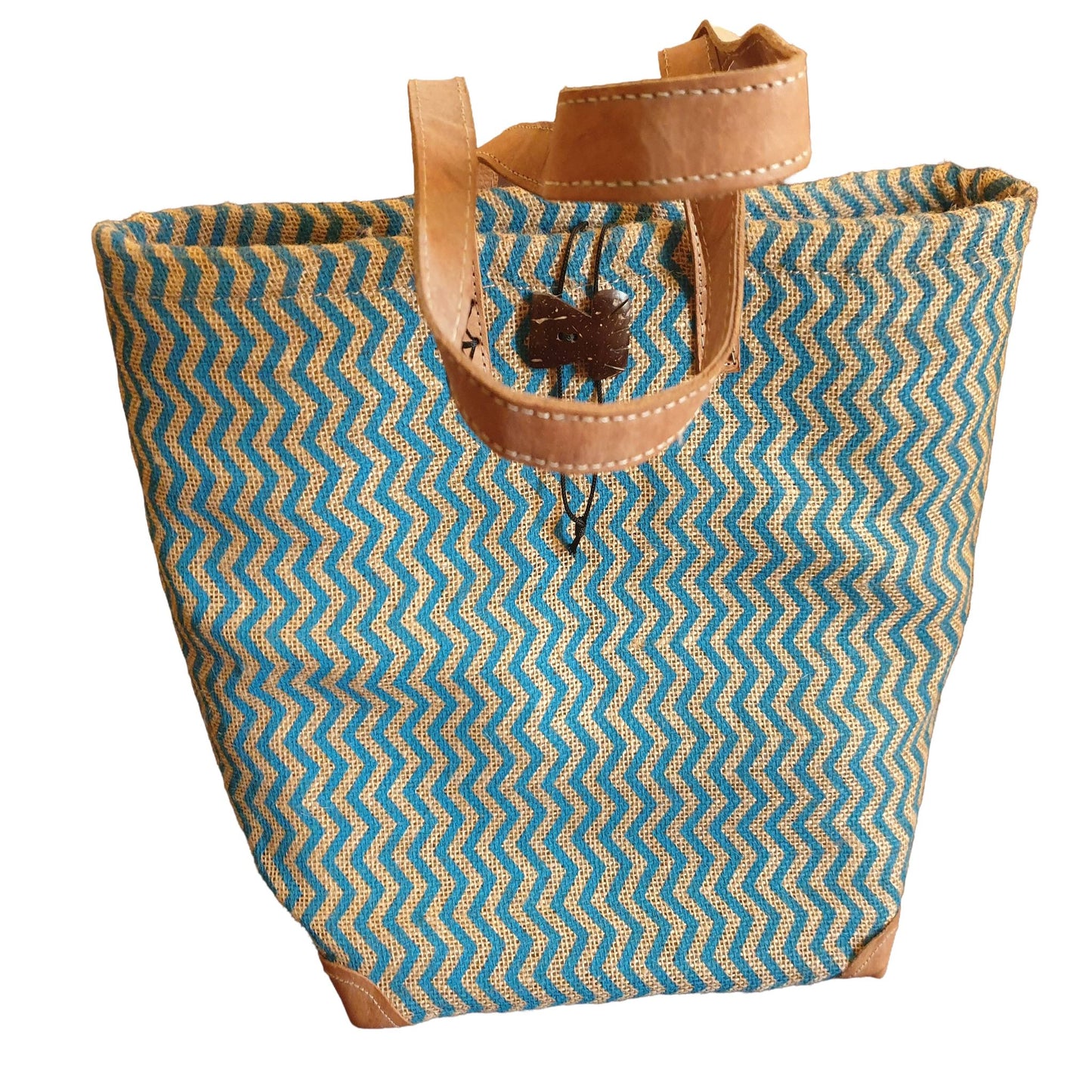 Sac Cabas Raphia Naturel Chevron Bleu Turquoise