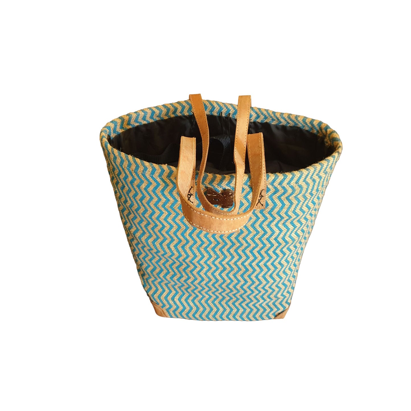 Sac Cabas Raphia Naturel Chevron Bleu Turquoise