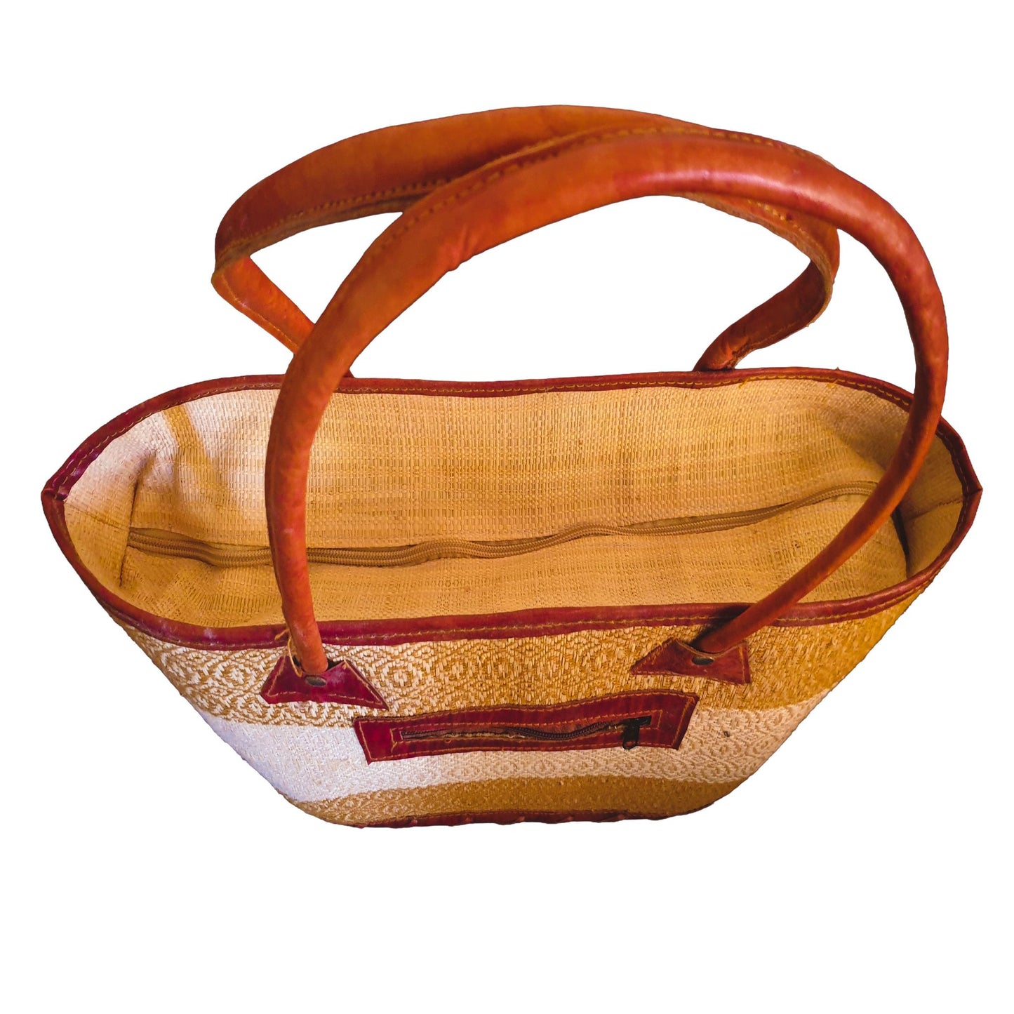 Sac Cabas Raphia Naturel Beige Motif Géométrique