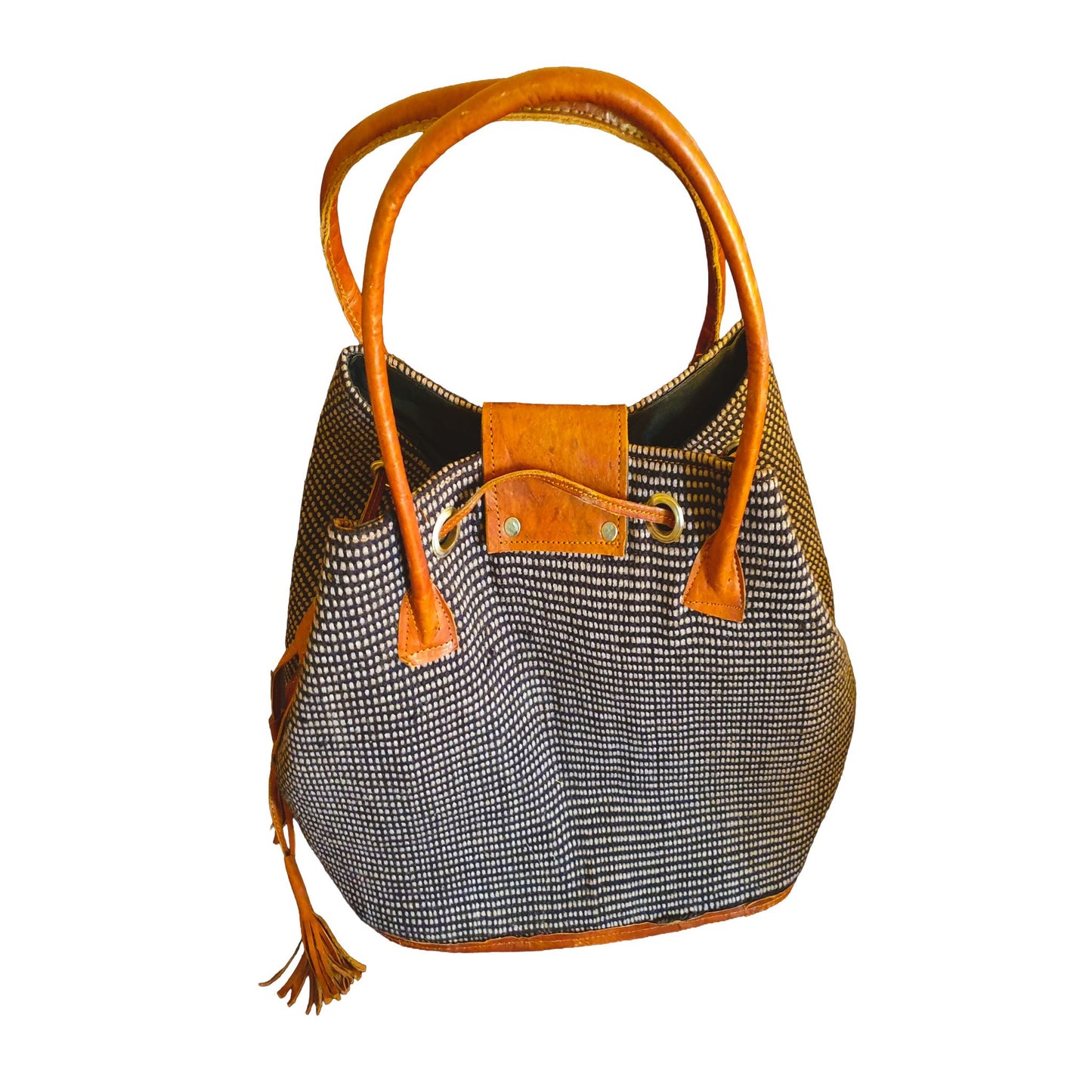 Sac Cabas Raphia Naturel Marron Motif Pointillé