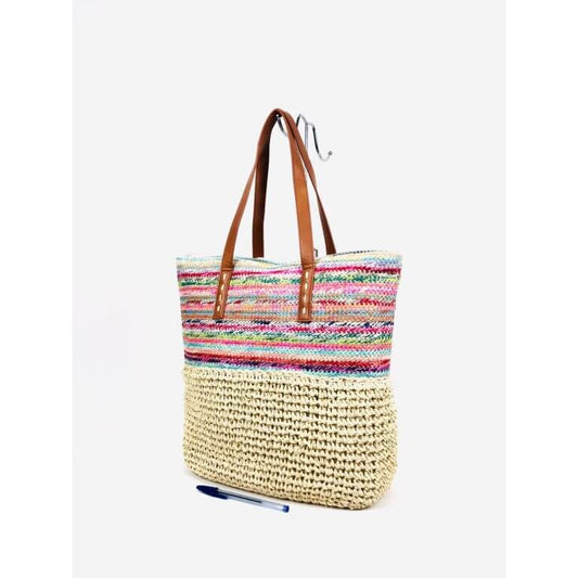 Sac en raphia multicolore – Plage & Piscine – poignées synthétiques