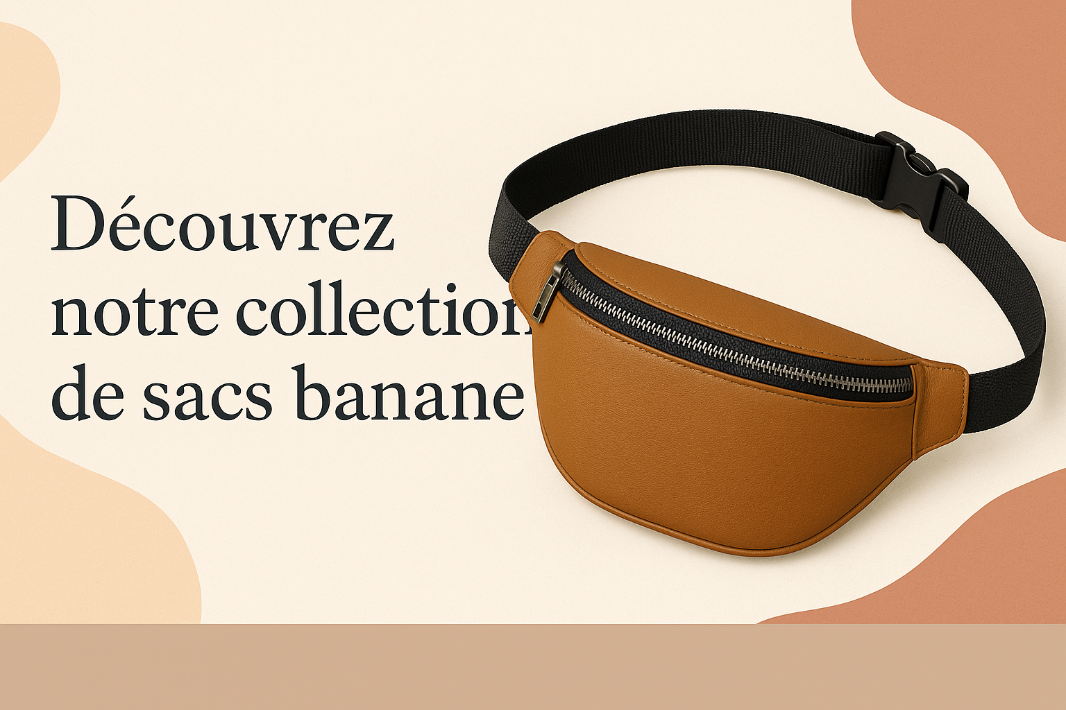 une bannière avec un sac banane ou sacoche avec la phrase suivante Découvrez notre collection de sacs banane qui s'adapte à la taille de la bannière